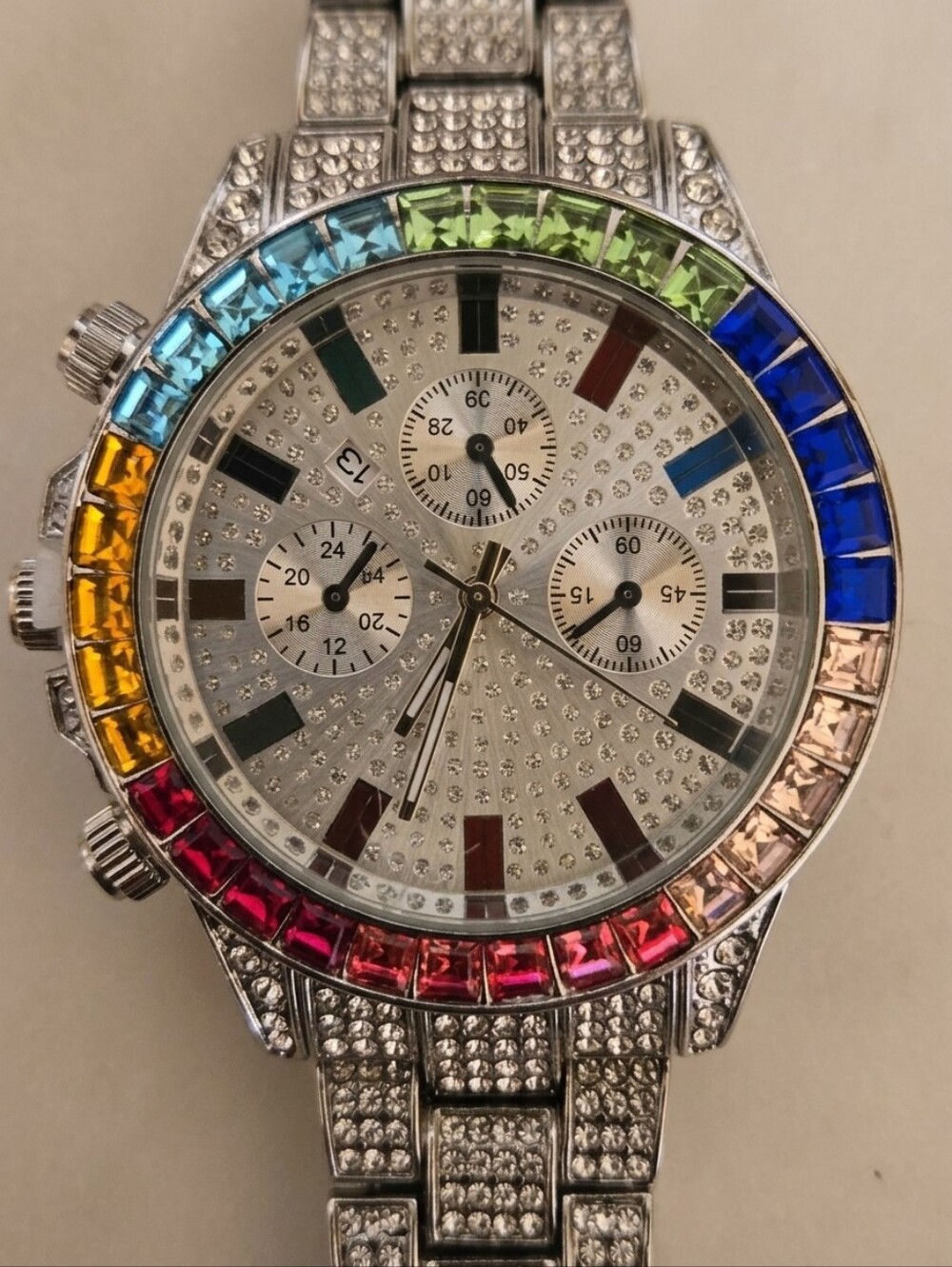 Rainbow Bezel Iced Out Silver-Tone Crystal Statement Watch- Multicolor